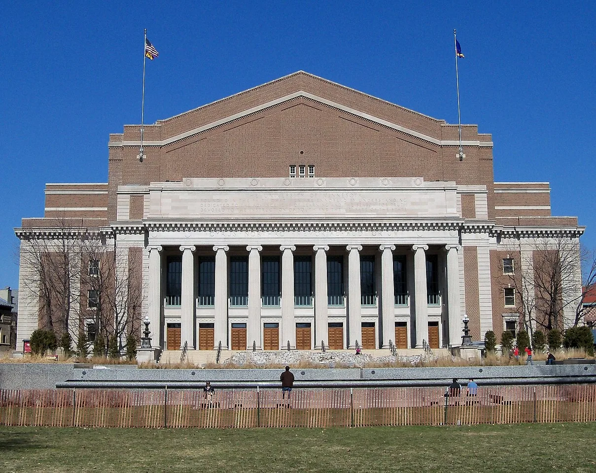 Northrop Auditorium at the University of Minnesota photographed in 2010, not during the 2026 event