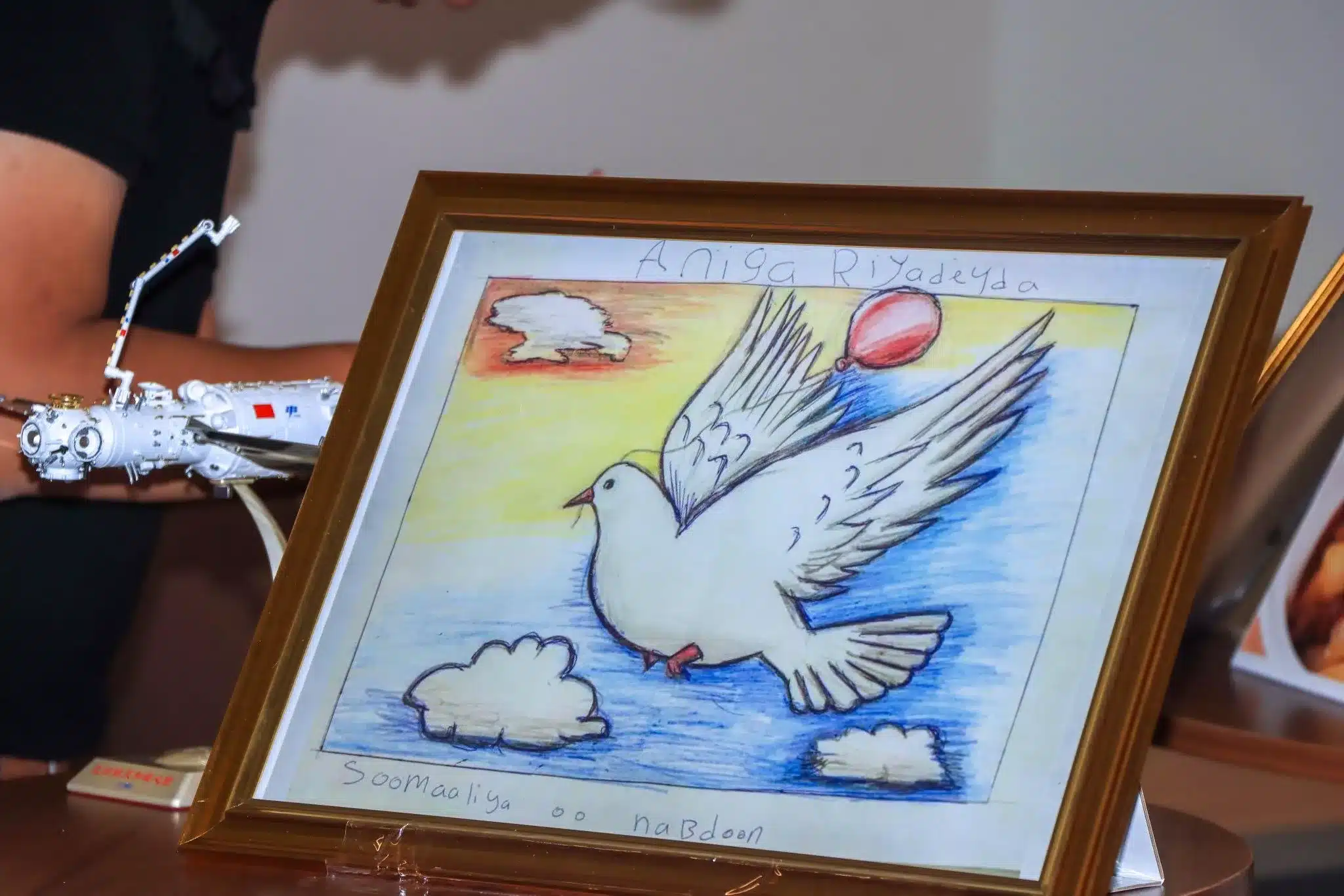 The winning painting of a dove for peace created by six-year-old Kawkib Mohamud. Photo by Chinese Embassy Mogadishu