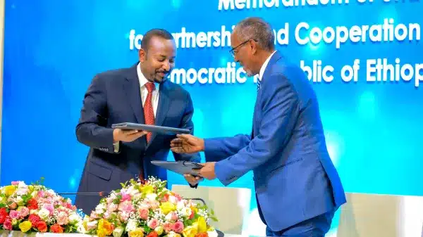 Aby Ahmed Ethiopian Prime Minister and Somaliland Regional Government of Somalia President Muse Bihi Abdi, During the MoU Signing in Addis Ababa on January 1, 2024