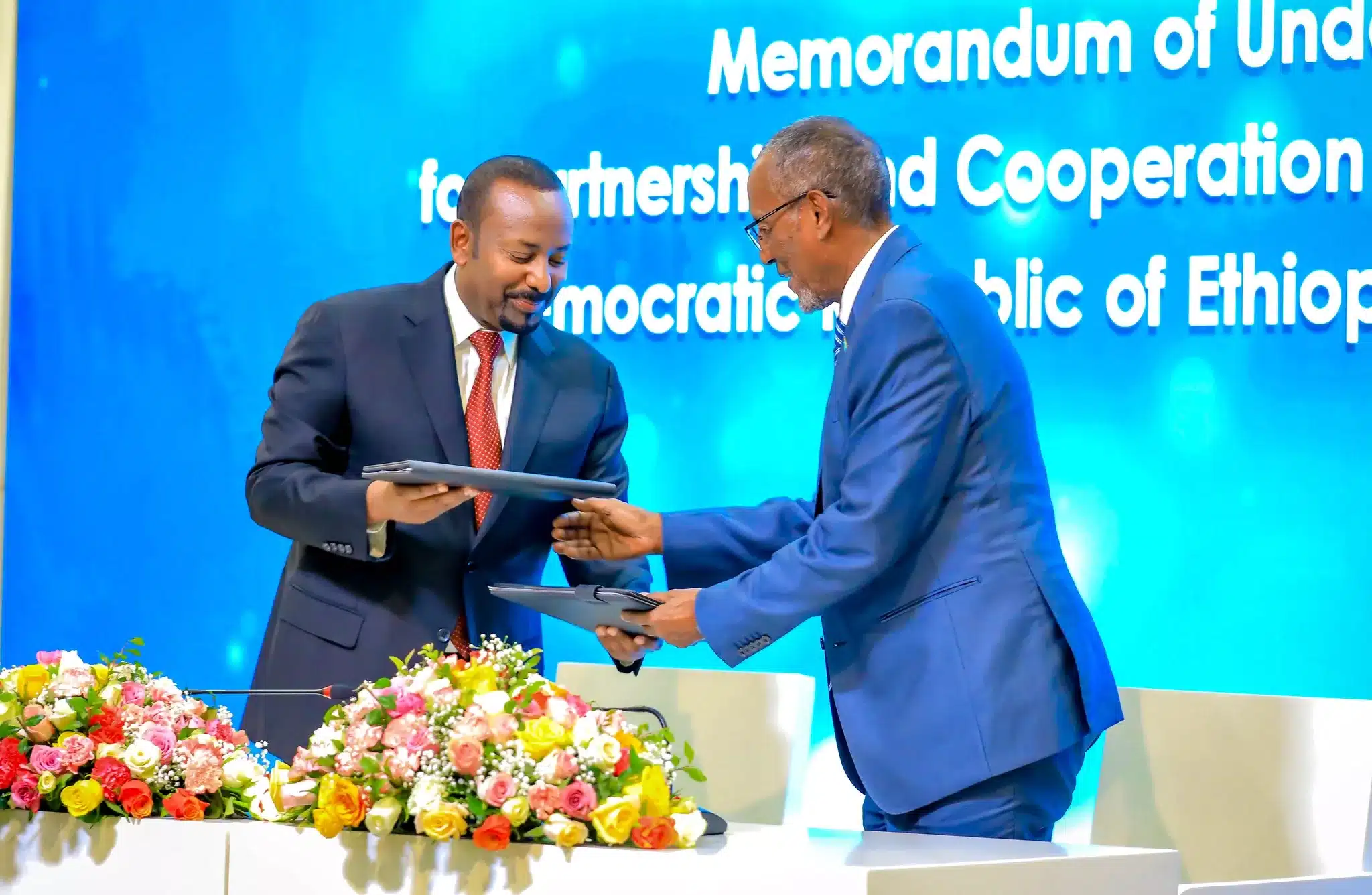 Aby Ahmed Ethiopian Prime Minister and Somaliland Regional Government of Somalia President Muse Bihi Abdi, During the MoU Signing in Addis Ababa on January 1, 2024