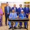 ! January, Djibouti: Delegations led by Somalia President Hassan Sheikh Mohamud and Somaliland President Muse Abdi Bihi Abdi witnessing a new agreement signing with Djibouti President Ismail Omar Gelle,